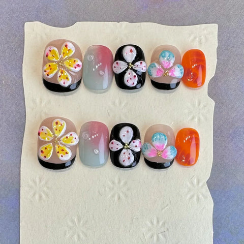 10pcs Handamde Press On Nails 3D Colorful Flower Designs False Nails Tips Glossy Short Square Wearable Summer Fake Nail Patches