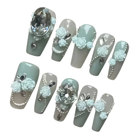 10pcs 3D Flower Press On Nails Handmade Gradient Freen False Nail Patches Medium Length Square Fake Nail Tips Wearable Manicure