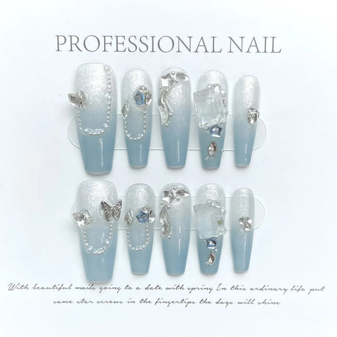 10pcs Gradient Blue Fake Nail Tips Handmade French Style Press On Nails With Flash Chain Rhinestone Decor Wearable False Nails