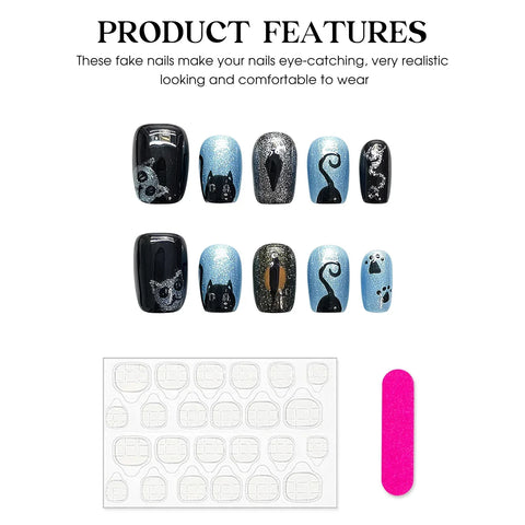 10pcs Glossy Blue Black False Nails Handmade Flash Short Square Fake Nail Patches Hand Painted Cute Cat Designs Press On Nails