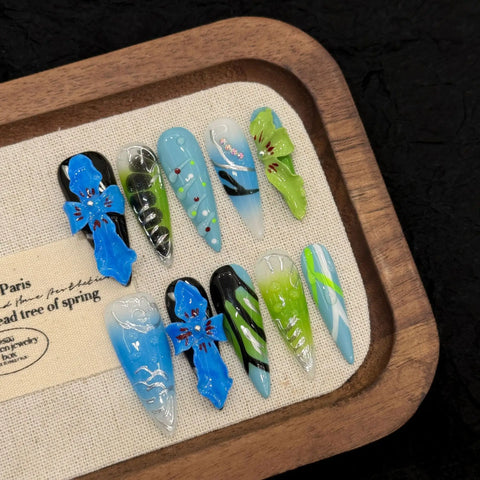 10pcs Sweet Cool Handmade False Nails Y2k Long Stiletto Blue 3D Carved Flower Press On Nails Hawaiian Style Summer Fake Nail