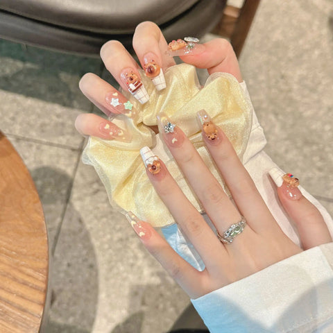 10pcs Cute Kapibala Handmade Fake Nails Blush Pink Hand-painted French Style Press On Nails Bowknots Decor Wearable False Nail