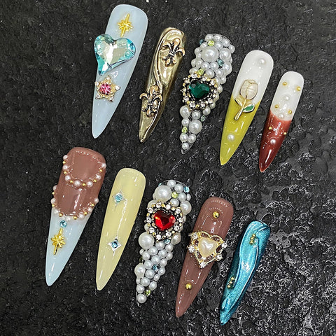 10pcs Handmade French Tips Fake Nails Flash Diamond Heart Pearl Tulip Flower Designs Press On Nails Luxury False Nails For Women
