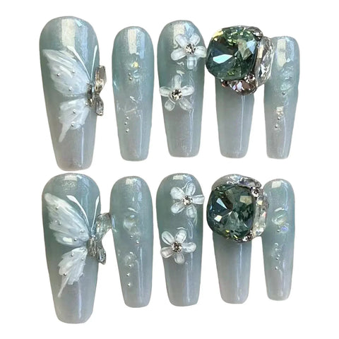 10pcs Blue Green Fake Nail Tips Long Coffin Handmade Press On Nails Butterfly Flower Big Glossy Diamond Designs False Nails