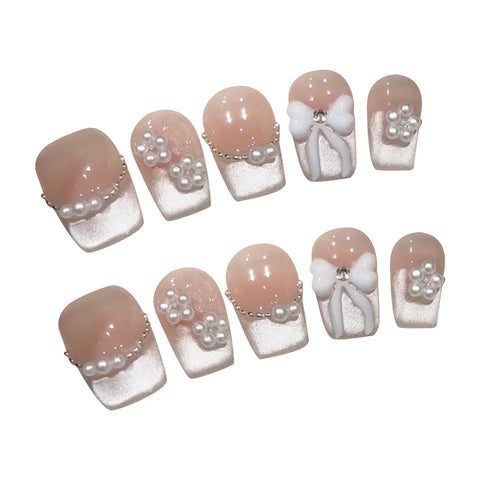 10pcs Handmade Nude Fake Nails Blush Pink Glossy Cat's Eye Press On Nails Bowknots Designs French False Nail Reusable Manicure