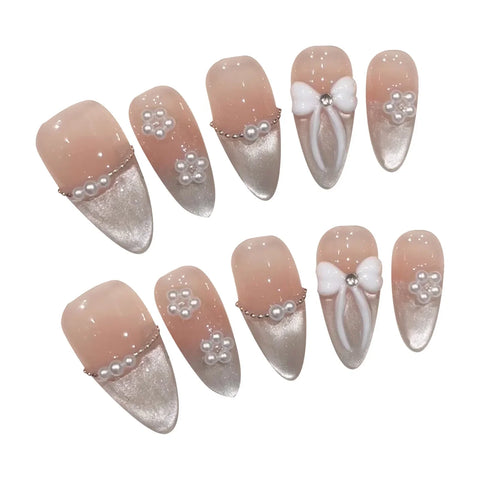 10pcs Handmade Nude Fake Nails Blush Pink Glossy Cat's Eye Press On Nails Bowknots Designs French False Nail Reusable Manicure