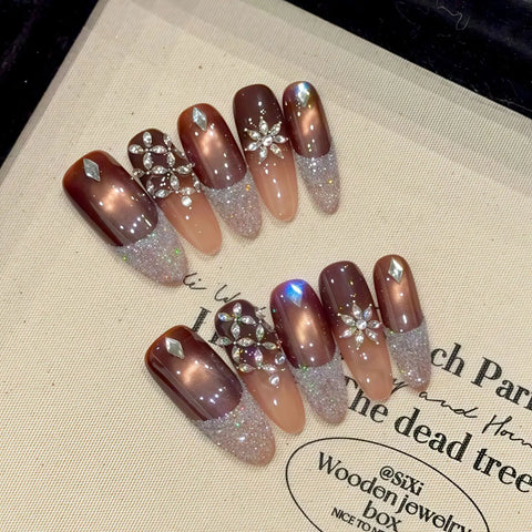 10pcs Handmade Press On Nails Full Shimmery Diamond French Style Light Luxury False Nails Brown Cat's Eye Almond Fake Nail Tips