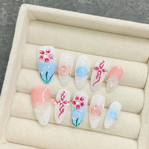 10pcs Hand-painted White Flower Press On Nails Glossy Pink Almond Cat's Eye False Nails Sweet Spring Detachable Fake Nail Tips