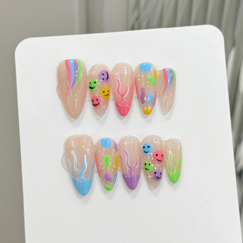10pcs Hand-painted Color Smile Face False Nails Summer Rainbow Cute Graffiti Handmade Press On Nails French Almond Fake Nail