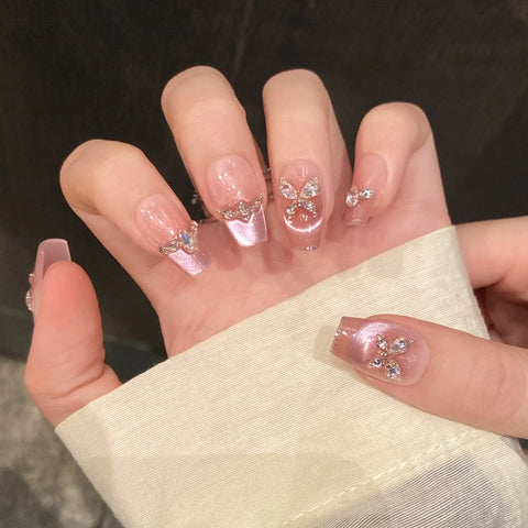 10pcs Fantasy RRose Pink French Style Press On Nails Shimmery Diamond Butterfly Sweet Handmade False Nail Korean Wearable Nails