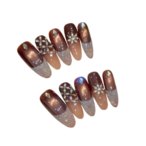 10pcs Handmade Press On Nails Full Shimmery Diamond French Style Light Luxury False Nails Brown Cat's Eye Almond Fake Nail Tips