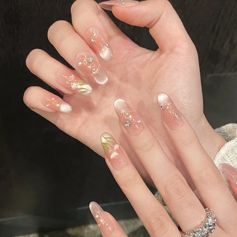 10pcs Blush Cat's Eye Manicure Hand-painted Tulip Flower Shiny Rhinestone Press On Nails Sweet Pink Spring Summer False Nails