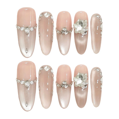 10pcs Handmade Press On Nails Pure Nude Color Cat's Eye Light Pink False Nails Glossy Diamond French Style Fake Nail Wearable