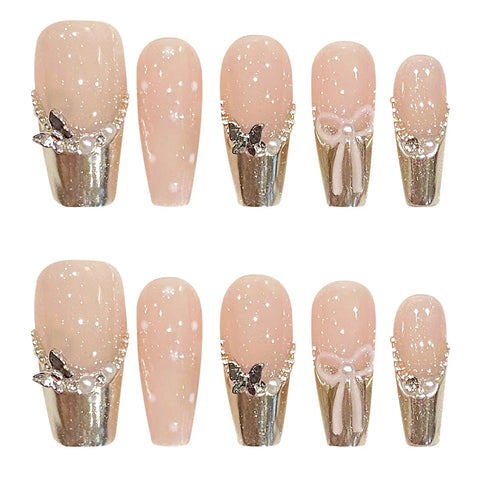 10pcs Handmade French Tips False Nail Medium Length Coffin Fake Nails Metal Butterfly Pearl Bowknots Designs Press On Nails