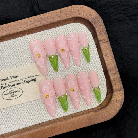 10pcs Vitality Orange French Handmade Press On Nails 3D Carving Egg Flower Designs False Nail Long Ballet Summer Fake Nail Tips