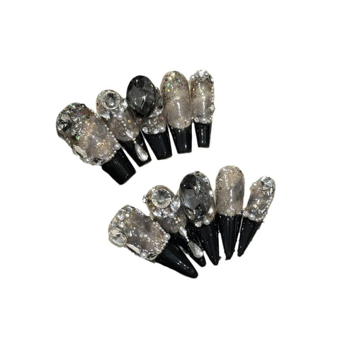10pcs Black French Style Press On Nails Handmade Full Flash Rhinestone Decor False Nails Light Luxury Fake Nail For Hot Girls