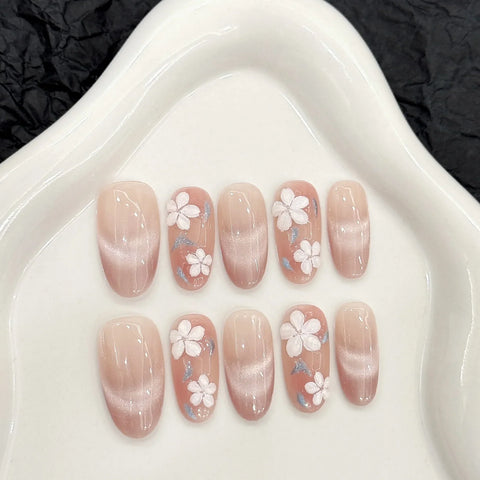 10pcs Sweet Short Oval Fake Nail Patches Hand-painted 3D Pink Strawberry Flower Press On Nails Spring Summer Fresh Handmade Nail