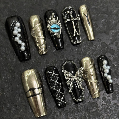 10pcs Dark Black Handmade Fake Nails MId-lenght Y2k Style Press On Nails Metal Butterfly Cross Pearl Designs False Nail Patches