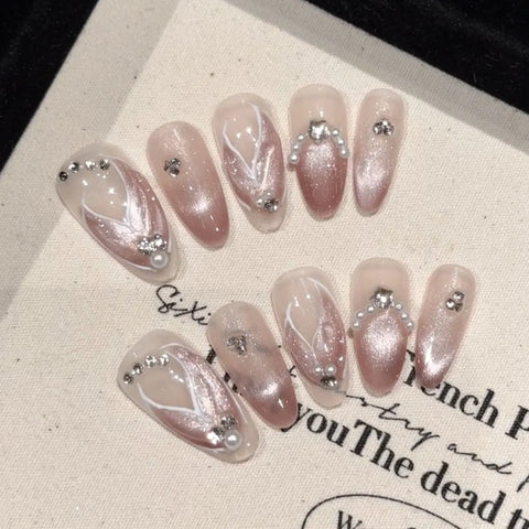 10pcs Handmade Mermaid Fake Nails Short Almond Glossy Cat's Eye Press On Nail With 3D Swan Designs Purple French False Nail Tips