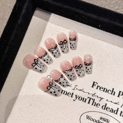 10pcs Short Square False Nails Handmade Blush Pink Press On Nails French Style Lace Wave Point Bowknots Designs Fake Nail Art