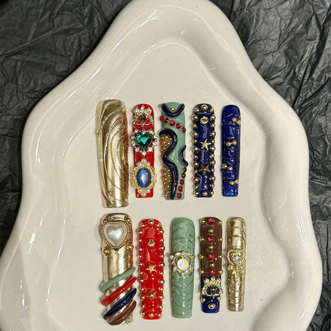 10pcs Handmade Press On Nails Long Coffin Gold Star Love Heart Pearl Designs False Nail Light Luxury Fake Nail For Women Girls