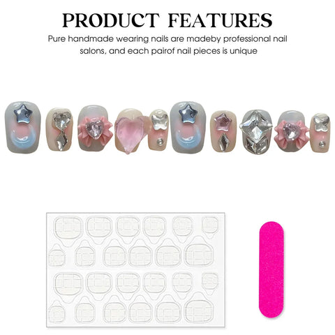 10pcs Candy Color Handmade False Nails 3D Moon Star Bowknots Glossy Diamond Decor Press On Nails Sweet Fashion Fake Nail Patches