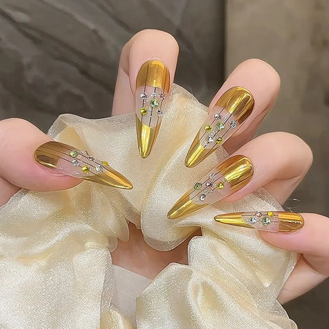10pcs Handmade Gold False Nails Light Luxuru Press On Nails With Flash Diamond Designs Detachable Long Almond Fake Nail Patches