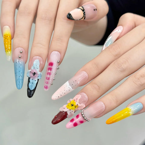 10pcs Summer Dopamine Handmade Fake Nails Hand Ice-carved Large Water Lily Press On Nails Colorful French Long Almond False Nail