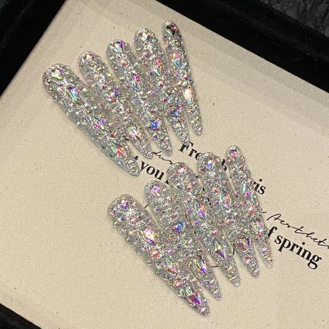 10pcs Full Shiny Diamond Handmade False Nails Light Luxury Long Pointed Press On Nails Full Cover Y2k Fake Nail New Year Gifts
