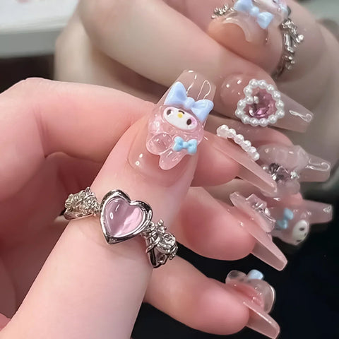 10pcs Handmade Press On Nails Lignt Pink Cute Cartoon Decor False Nail Patches 3D Bows Pearl Designs Korean Fake Nail Tips