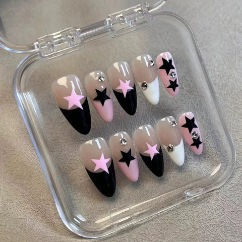 10pcs Handmade Press On Nails Black White Pink French Style False Nails Paches Star Designs Wearable Almond Fake Nail For Women