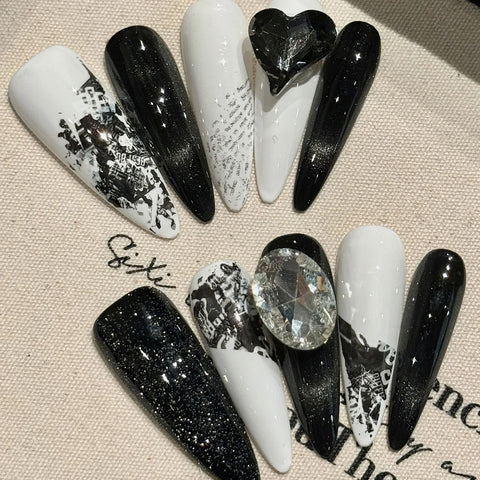 10pcs Handmade Press On Nails Dark Black Long Stiletto 3D Bowknots Rhinestone Decor False Nails Sweet Cool Manicure For Women
