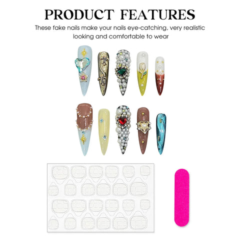 10pcs Handmade French Tips Fake Nails Flash Diamond Heart Pearl Tulip Flower Designs Press On Nails Luxury False Nails For Women