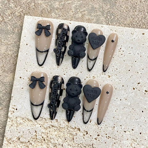 10pcs Handmade Press On Nails Dark Black Long Stiletto 3D Bowknots Rhinestone Decor False Nails Sweet Cool Manicure For Women