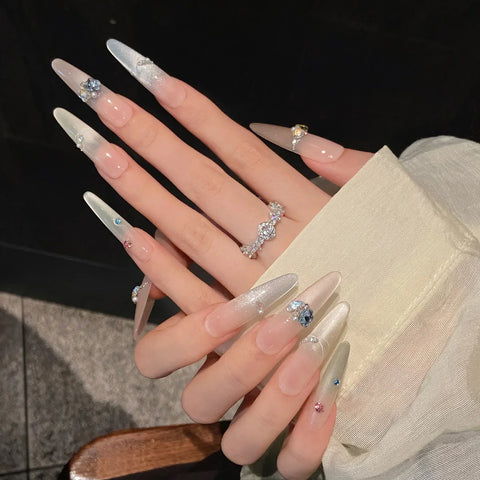 10pcs Colorful French Style False Nails Dopamine Glossy Cat's Eye Fresh Handmade Press On Nails Summer Shiny Diamond Fake Nail