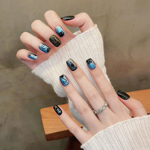 10pcs Glossy Blue Black False Nails Handmade Flash Short Square Fake Nail Patches Hand Painted Cute Cat Designs Press On Nails