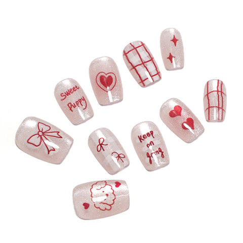10pcs Kawaii Dog Handmade Fake Nails Clitter Cat's Eye Red Bowknots Love Heart Pattern Press On Nails Cute Charming False Nail