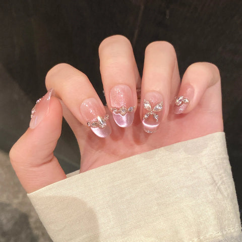 10pcs Fantasy RRose Pink French Style Press On Nails Shimmery Diamond Butterfly Sweet Handmade False Nail Korean Wearable Nails