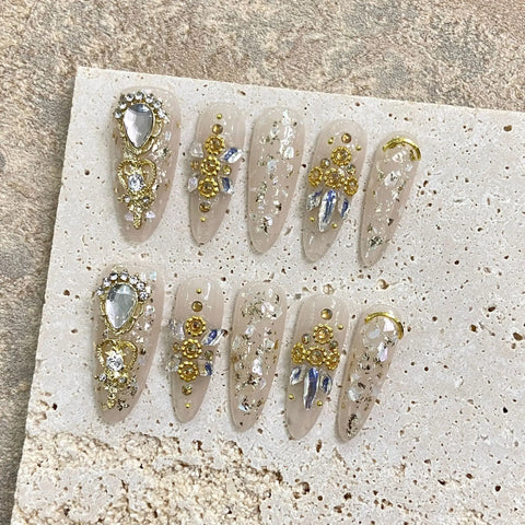 10pcs Baroque Handmade Press On Nails Romantic Cat's Eye Flash Silver Star Gold Foil Designs False Nail Y2k Almond Fake Nails