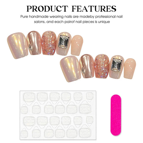 10pcs Short Square Press On Nail Aurora Pink Glosy Rhinestone Designs Handmade Fake Nails Wearable Flash Sequins False Nails