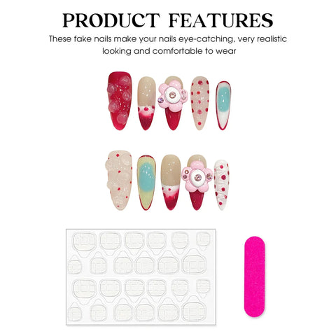 10pcs Red French Style Press On Nails Glossy Blush Pink Handmade False Nail 3D Flower Designs Reusable Long Almond Fake Nail Tip