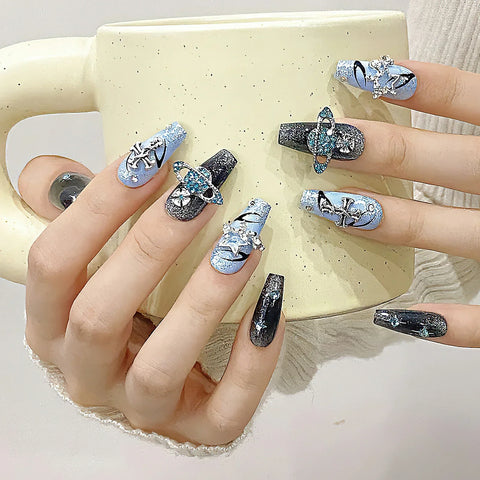 10pcs Y2k Style Press On Nails Handmade Flash Blue False Nail Patches With Glossy Diamond Cross Designs Detachable Fake Nails