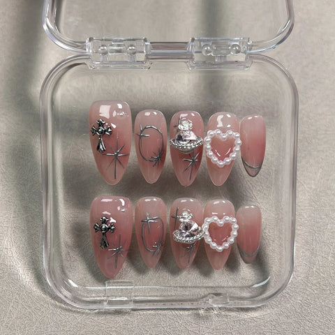 10pcs Blush Pink Fake Nail Patches Handmade Pearl Love Heart Press On Nails Planet Cross Designs Detachable Almond