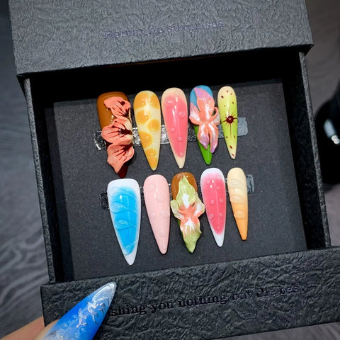 10pcs Tropical Flower Handmade Press On Nails Colorful Blossom Summer Day Dopamine False Nails Long Stiletto Sweet Cool Manicure