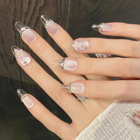 10pcs 3D Ice Transparent Flower Press On Nails Glitter Rhinestone False Nails Light Purple French Cat Eye Handmade Fake Nail