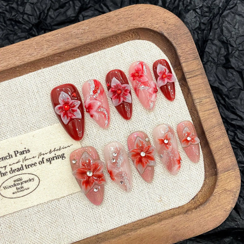 10pcs Hand Carved 3D Devil Flower Press On Nails Gradient Rose Pink Almond Handmade False Nails Shiny Sequins Summer Fake Nail