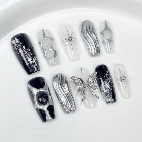10pcs Baroque Handmade False Nails Mid-length Metal Graffiti Designs Press On Nails Y2k Punk Style Fake Nail Tips For Cool Girl