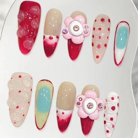 10pcs Red French Style Press On Nails Glossy Blush Pink Handmade False Nail 3D Flower Designs Reusable Long Almond Fake Nail Tip