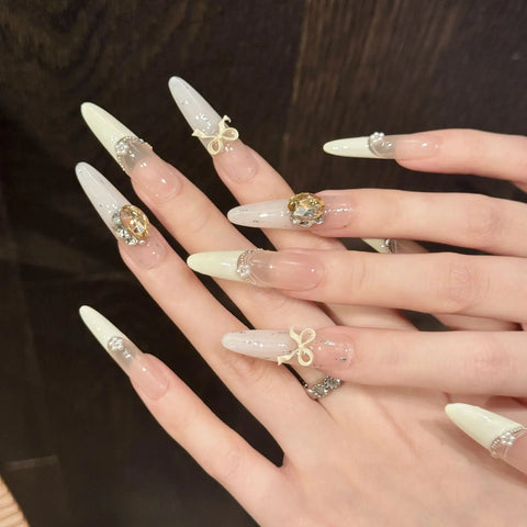 10pcs Cream Yellow French Style False Nail Summer Sequins Bowknots Rhinestone Decor Handmade Press On Nails Gentle Almond Nail