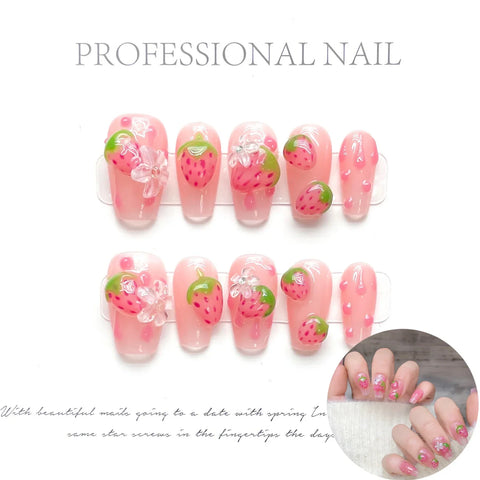 10pcs Sweet Short Oval Fake Nail Patches Hand-painted 3D Pink Strawberry Flower Press On Nails Spring Summer Fresh Handmade Nail